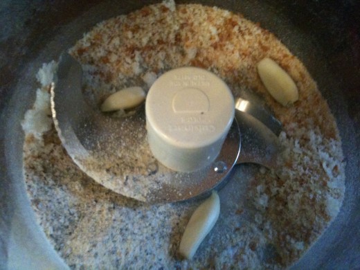 Make your breadcrumbs, then add the garlic.