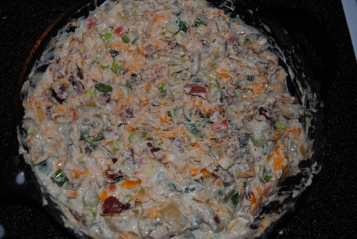 Once the sour cream and milk are added, remove from heat and stir in the bacon, cheese and green onion.