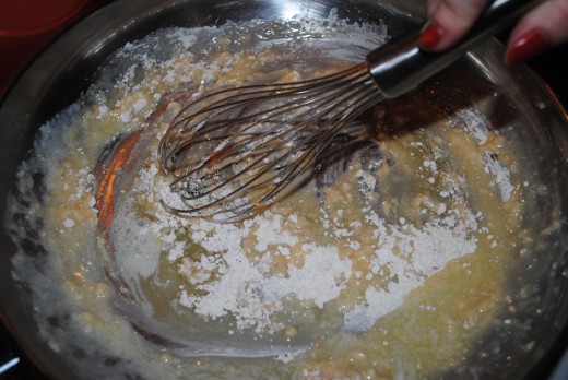 Start with melting butter, then sprinkling in flour.