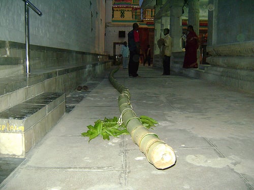 The long Flag Pole specially procured to hoist the temple flag a Hindu tradition.