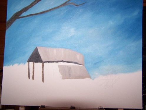 The beginning layers of the painting, where I have filled in the sky, as well as started the barn. I will go back and add highlights later.