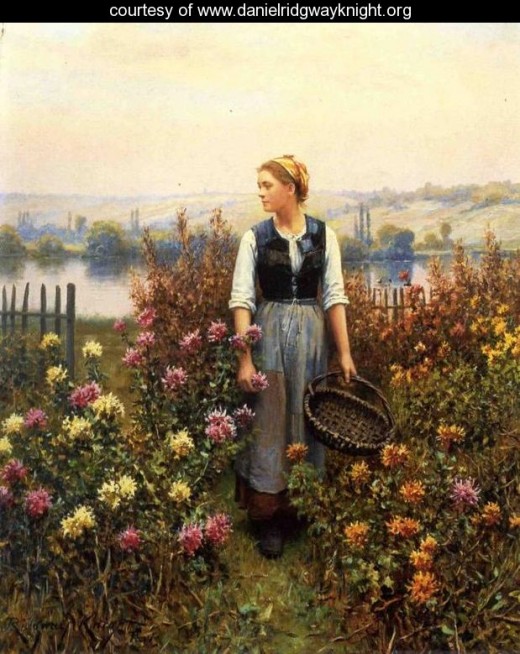 "GIRL WITH A BASKET IN A GARDEN" BY DANIEL RIDGWAY KNIGHT (1899)