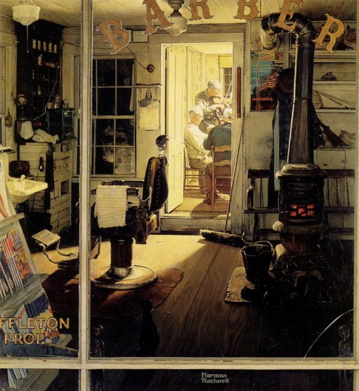 "SUFFLETON'S BARBER SHOP" BY NORMAN ROCKWELL (1950)