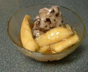 Raw Sugar,non-hydrogenated margarine,cinnamon, and Rum cooked with Nanners, then lit on fire and scooped over Vegan Ice Cream