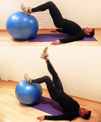 Arms along body - legs on gym ball - buttocks off floor - feet as high as possible - elevation of pelvis
