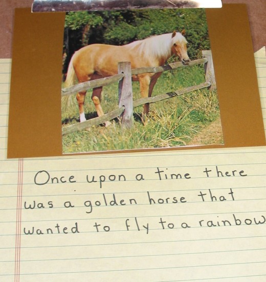 a typical "Story Starter" illustrated with an alluring photo from a magazine. The sentence is mine--the young author will complete the story in his or her own handwriting.