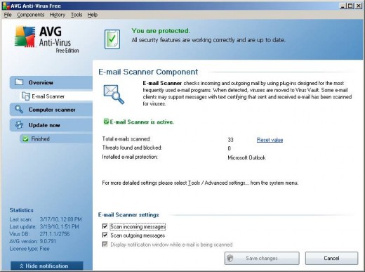 AVG's Email Scan Page