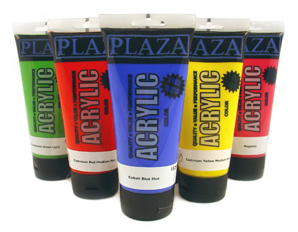 Buy acrylic paints.    Image taken from http://www.plazaart.com copyright 2010.