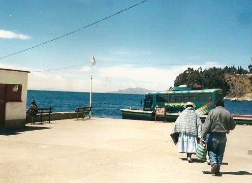 Travelers taking the ferry at Tiquina to reach Copacabana