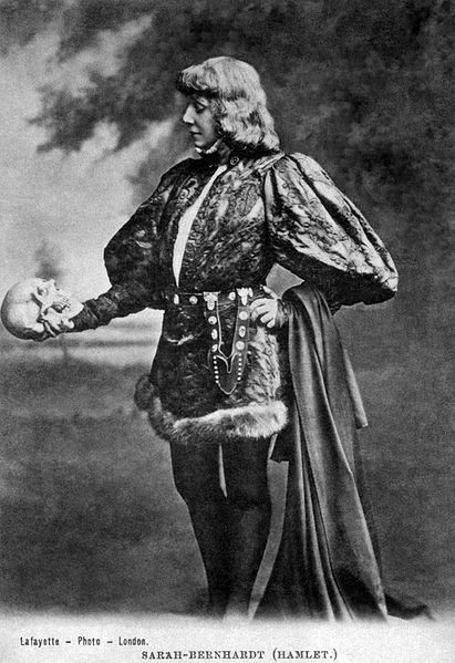 1900. Sarah Bernhardt. A female Hamlet with Yorick's skull. First successful onscreen version, I understand, for all of five minutes in a fencing scene. 