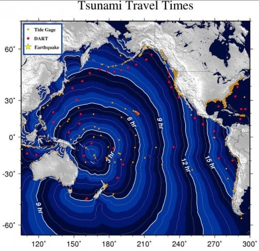 This is a chart indicating travel times for a tsunami generated in the SW Pacific.