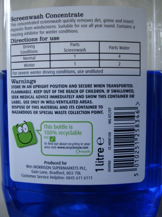 Morrisons concentrated screenwash label. No chemical/ingredients listed. Pick up one in your supermarket - how many can you spot without correct labelling.