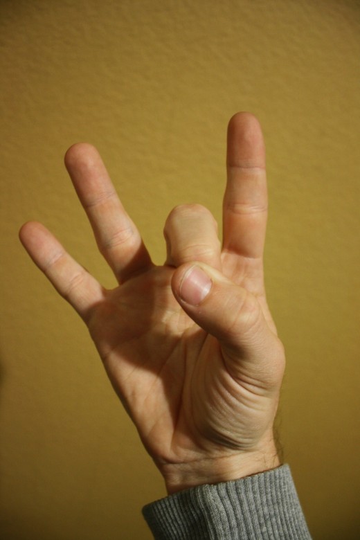Middle finger and thumb meet.
