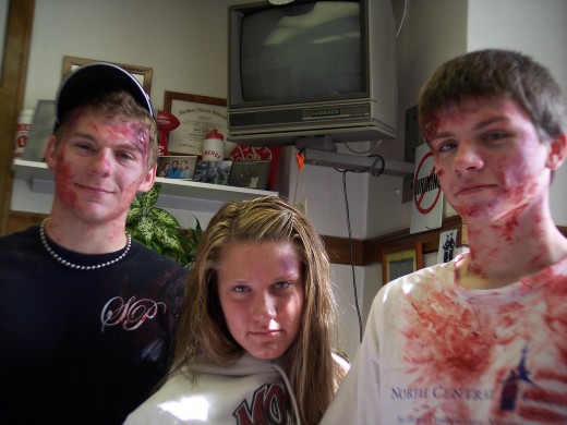 Jimmy,Jaclyn, and Danny, staging an accident to teach their peers about the dangers of drinking,doing drugs, texting and using the cell phone while driving.