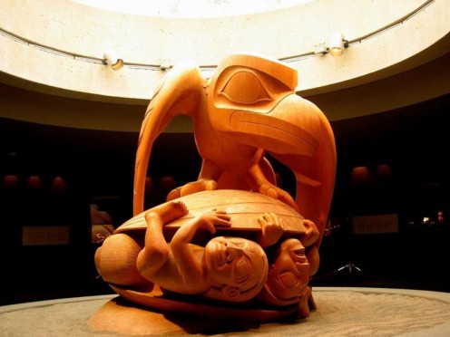 Sculpture named "Raven and the First Men", by artist Bill Reid. Museum of Anthropology in Vancouver, BC.   