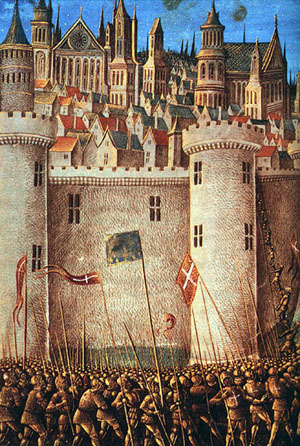 Medieval miniature - Siege of Antioch, 1490 ~ Source ~ Adam Bishop. 'photographic reproduction of an original two-dimensional work of art'. Public domain. See: http://en.wikipedia.org/wiki/File:SiegeofAntioch.jpeg