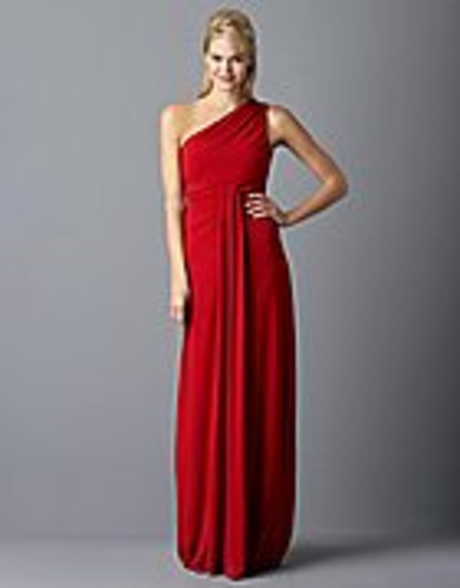 photo credit: lordandtaylor.com  A.B.S. by Allen Schwartz, "Debra" one shoulder   gown, $270, polyester/spandex, dry clean, American made, crimson color, available in sizes x-small to large