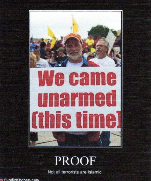 A popular teeshirt in Florida reads, I'm exercising my first amendment rights and if you don't listen I'll exercise my second amendment rights. Threatening with guns -- yes, the path to democracy.
