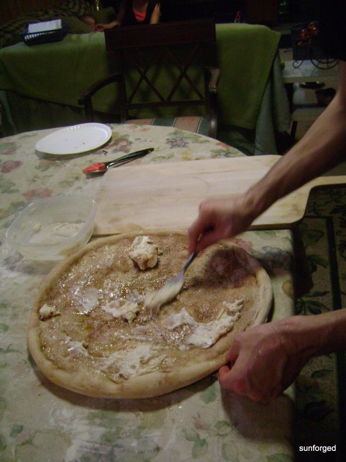 Dessert Pizza - Par-baked, applying cream cheese