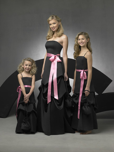 Bridesmaid Dresses: Forever Yours Bridesmaids Dresses #76216 Lamore satin Strapless gown with pick-ups, one piece A-line skirt, highlighted with second color ribbon belt.
