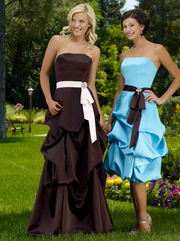 Bridesmaid Dresses: Raylia Bridesmaid Dresses 2119L Strapless A-line Satin gown. Scattered beading along bodice, pickup skirt, Satin band at waist features stunning brooch. Lace up back