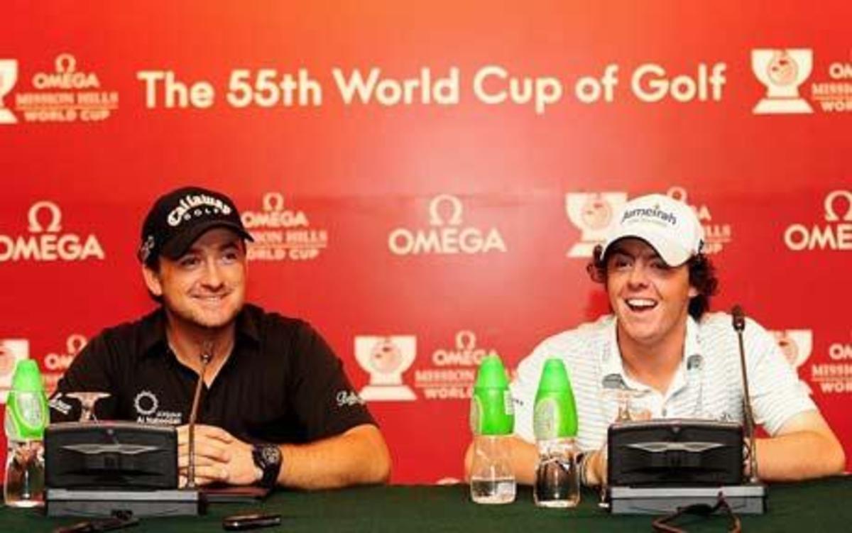Rory and McDowell at a World Cup press conference - no Irish colours in sight