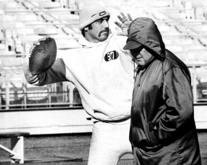 Mustachioed Joe Namath shown at practice in 1968 with Jets coach Weeb Ewbank.