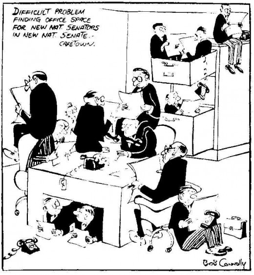 Cartoon by Bob Connolly in the Rand Daily Mail of 5 January 1956, commenting on the enlargement of the Senate.