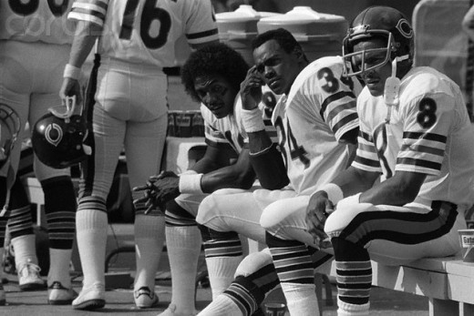 Dejected Bears, James Scott; Walter Payton; and Vince Evans sit on the bench as a game with the Steelers nears the end 9/28. Steelers won 38-3. IMAGE: Bettmann/CORBIS September 28, 1980 Pitsburgh, Pa
