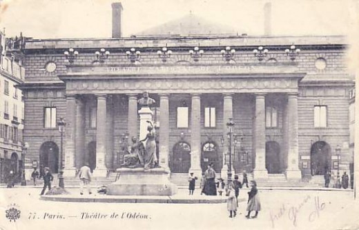 Comedie Francaise (Today: The Odeon) in 1910--rebuilt twice in the same design after two fires. (Postcard)