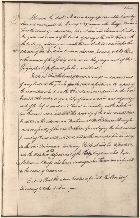 1787 congressional resolution granting public land to the Moravians to Christianize Delaware Indians.