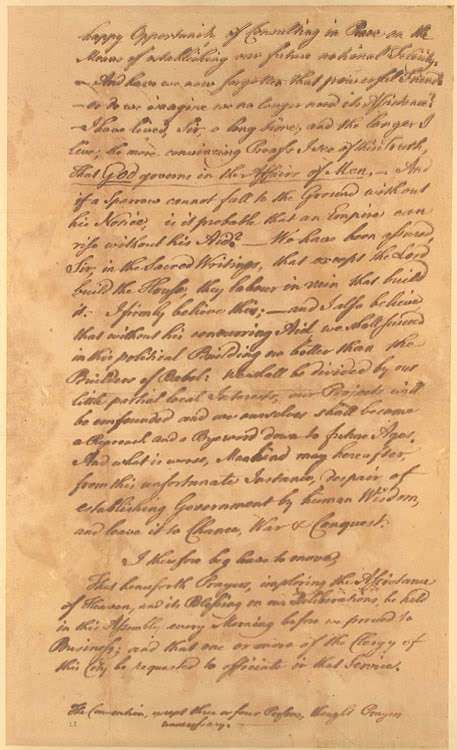Benjamin Franklin's speech to the Constitutional Convention requesting that each session begin with prayer