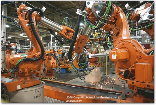Today, assembly lines of robots manufacture items once requiring thousands of workers to do the same tasks.