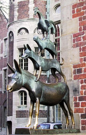 The statue of the famous Bremen musicians :). It is at a corner of the city hall. This image is the unofficial symbol of the city and you'll see them a lot. 