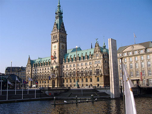 The city hall as seen from the Binnenalster lake.