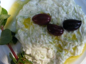 Tzatziki is a popular Greek appetizer. It is Greek yogurt with chopped up cucumbers, garlic, and olive oil.