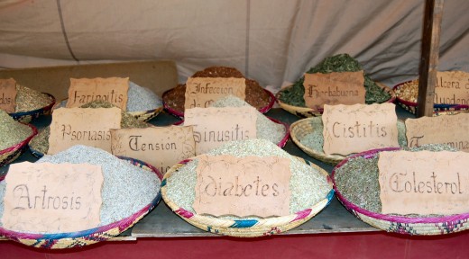 Natural Pain Relief substances sold at a Spanish market.