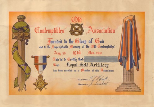 The Old Contemptibles Association certificate Harry cherished until the day he died!