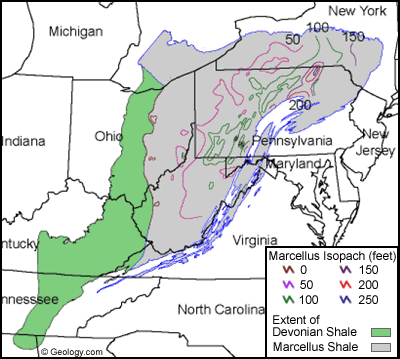 Marcellus Shale map (in blue); Devonian Shale (in green).  (geology.com)