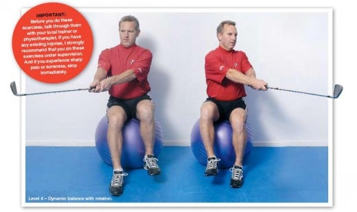 demonstration of a core exercise using both a golf club and a blue balance ball performed by a male golf instructor