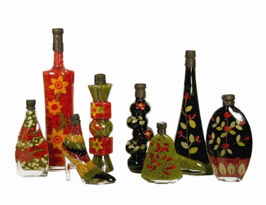 Mixed fruit vinegar in decorative Chinese bottles.