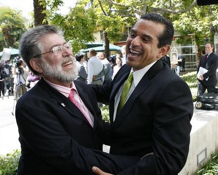 Jon Davidson, legal director for Lambda Legal, and LA Mayor Antonio Villaraigosa celebrate the California Supreme Court's ruling to overturn a voter-approved ban on gay marriage...(AP Photo/Gus Ruelas)