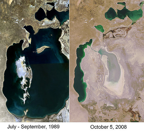 The Aral Sea disaster! A satellite image showing how this massive water body dried in some years.