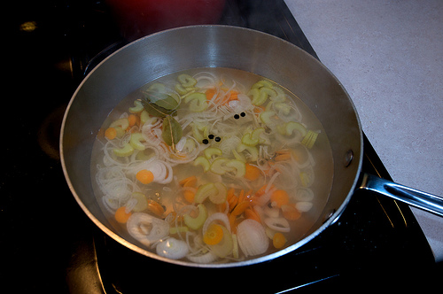 making the court bouillon for poached fish