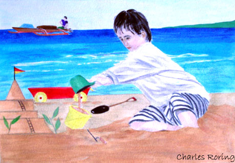 a boy building sand castle by watercolorist Charles roring