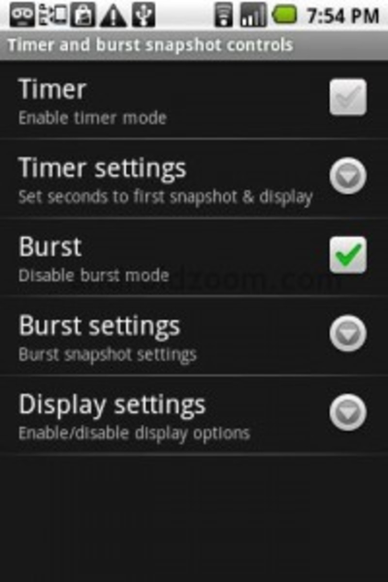 Camera Magic settings, note "burst mode"