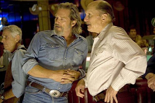 Bad Blake (Jeff Bridges) and Wayne Kramer (Robert Duvall) in Wayne's bar. Scene from the movie "Crazy Heart."