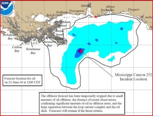 The oil spill as at June 21 -- not including underwater clouds -- number and location unknown.