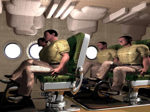 The illustration above shows astronauts pedaling inside a human-powered rocket. Note the pedals installed on the floor in front of each astronaut's seat.