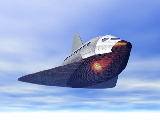 This illustration is another view of the re-entry module. The bottom of the re-entry module is covered with heat-resistant ceramic tiles. 